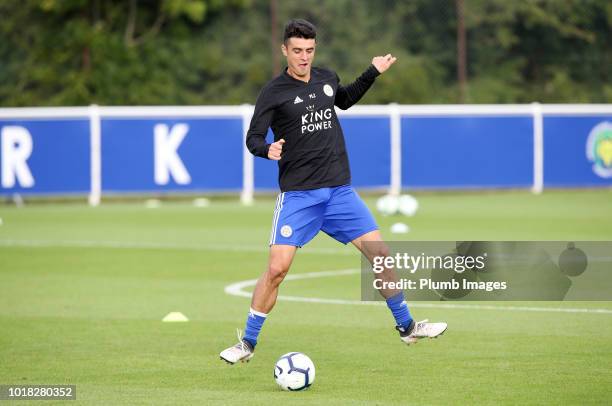 Alex Pascanu of Leicester City warms up ahead of the Premier League International Cup tie between Leicester City and Reading at Holmes Park on August...