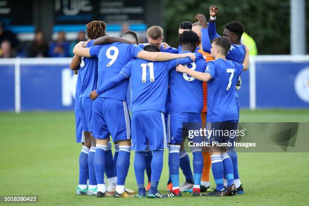 Leicester City team huddle ahead of the Premier League International Cup tie between Leicester City and Reading at Holmes Park on August 17, 2018 in...