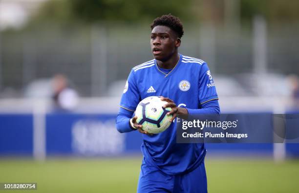 Calvin Ughelumba of Leicester City prepares to take a throw in during the Premier League International Cup tie between Leicester City and Reading at...