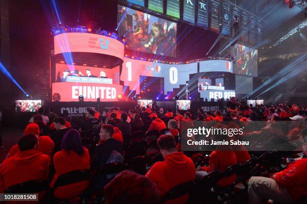 Spectators watch eUnited compete against Red Reserve during the 2018 Call of Duty World League Championship at Nationwide Arena on August 17, 2018 in...