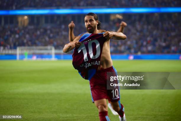 Olcay Sahan of Trabzonspor celebrates his goal during the Turkish Super Lig soccer match between Trabzonspor and Demir Grup Sivasspor at Medical Park...