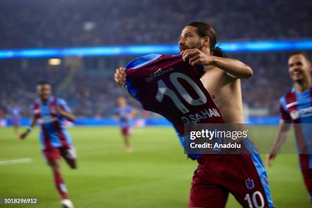 Olcay Sahan of Trabzonspor celebrates his goal during the Turkish Super Lig soccer match between Trabzonspor and Demir Grup Sivasspor at Medical Park...