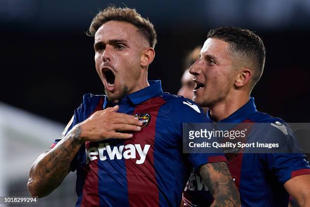 Roger Marti of Levante UD celebrates scoring his team's first goal during the La Liga match between Real Betis Balompie and Levante UD at Estadio...