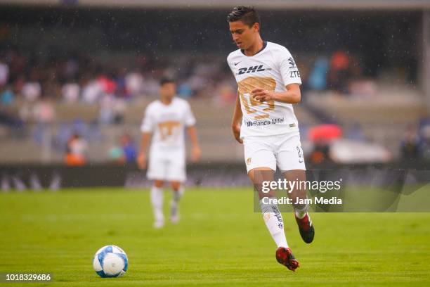 Rosario Cota of Pumas controls the ball during the fourth round match between Pumas UNAM and Pachuca as part of the Torneo Apertura 2018 Liga MX at...