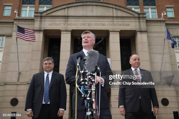 Richard Westling, Kevin Downing and Thomas Zehnle, attorneys for former Trump campaign chairman Paul Manafort, tell reporters the jury has not...