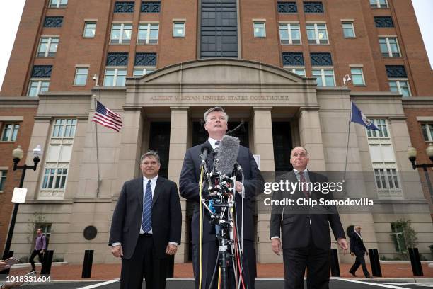 Richard Westling, Kevin Downing and Thomas Zehnle, attorneys for former Trump campaign chairman Paul Manafort, tell reporters the jury has not...