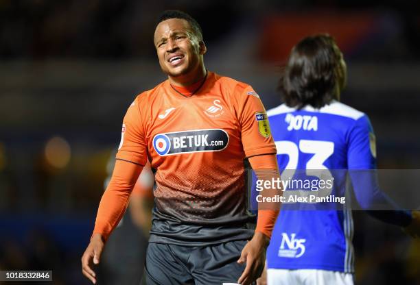 Martin Olsson of Swansea City shows his frustration during the Sky Bet Championship match between Birmingham City and Swansea City at St Andrew's...
