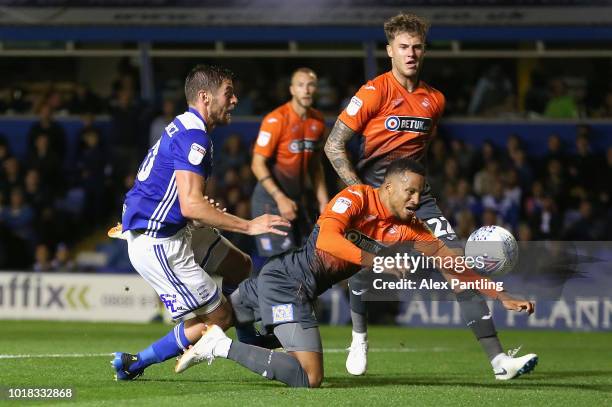 Martin Olsson of Swansea City misses a late chance under pressure from Lukas Jutkiewicz of Birmingham City during the Sky Bet Championship match...