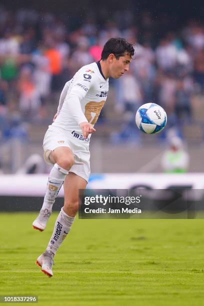 Alan Mozo of Pumas controls the ball during the fourth round match between Pumas UNAM and Pachuca as part of the Torneo Apertura 2018 Liga MX at...