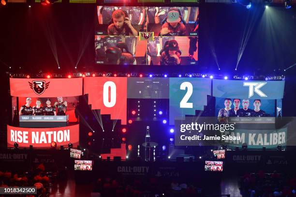 Rise Nation competes against Team Kaliber during the 2018 Call of Duty World League Championship at Nationwide Arena on August 17, 2018 in Columbus,...