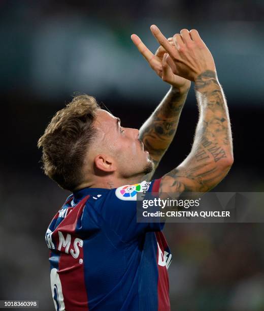 Levante's Spanish forward Roger Marti celebrates after scoring a goal during the Spanish league football match between Real Betis and Levante at the...
