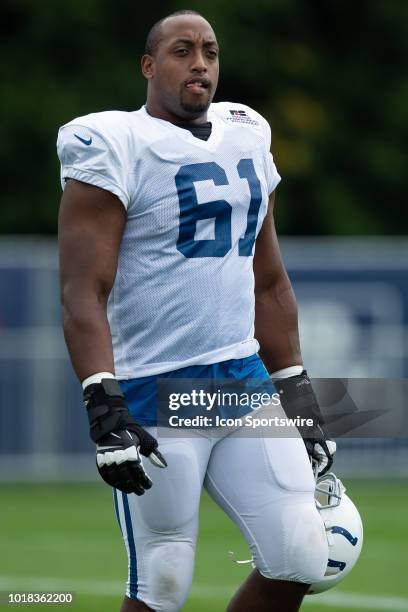 Indianapolis Colts tackle J'Marcus Webb warms up before the Indianapolis Colts joint training camp practice with the Baltimore Ravens on August 17,...