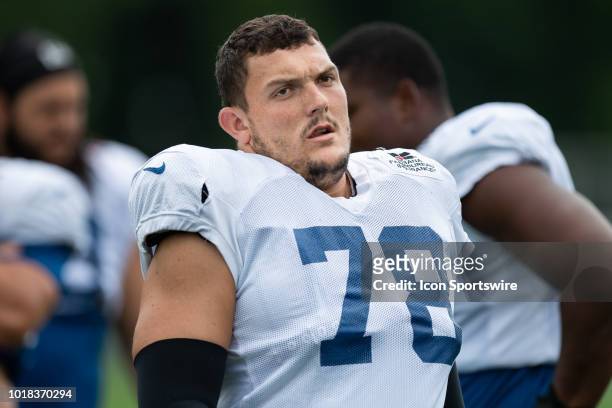 Indianapolis Colts center Ryan Kelly warms up before the Indianapolis Colts joint training camp practice with the Baltimore Ravens on August 17, 2018...