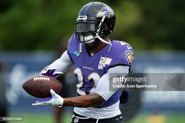 Baltimore Ravens cornerback Jimmy Smith runs through a drill during the Indianapolis Colts joint training camp practice with the Baltimore Ravens on...