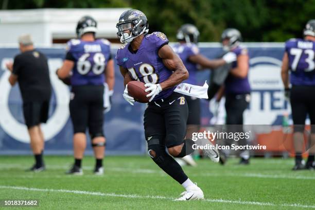 Baltimore Ravens wide receiver Andre Levrone runs through a drill during the Indianapolis Colts joint training camp practice with the Baltimore...