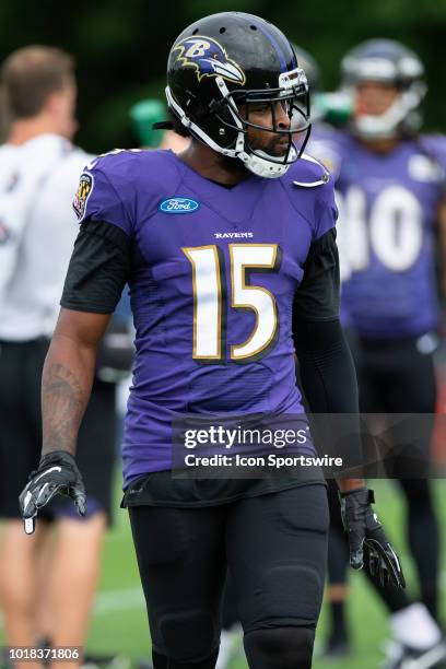 Baltimore Ravens wide receiver Michael Crabtree runs through a drill during the Indianapolis Colts joint training camp practice with the Baltimore...