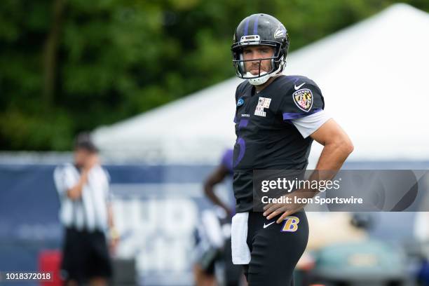 Baltimore Ravens quarterback Joe Flacco runs through a drill during the Indianapolis Colts joint training camp practice with the Baltimore Ravens on...