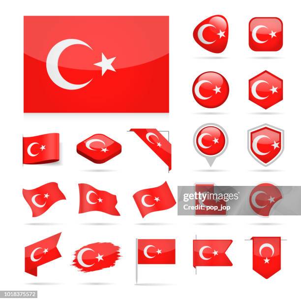 ilustraciones, imágenes clip art, dibujos animados e iconos de stock de turquía - bandera icono vector brillante conjunto - bandera turca