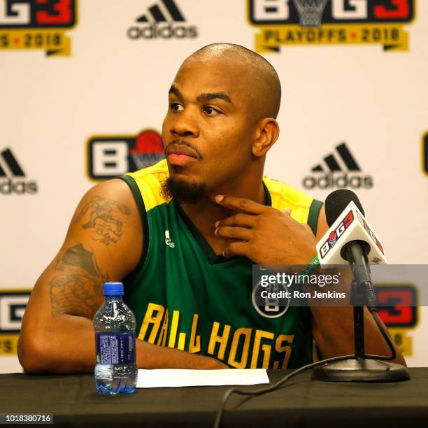 Andre Owens of the Ball Hogs visits with the media after defeating the Ghost Ballers during week nine of the BIG3 three-on-three basketball league at...
