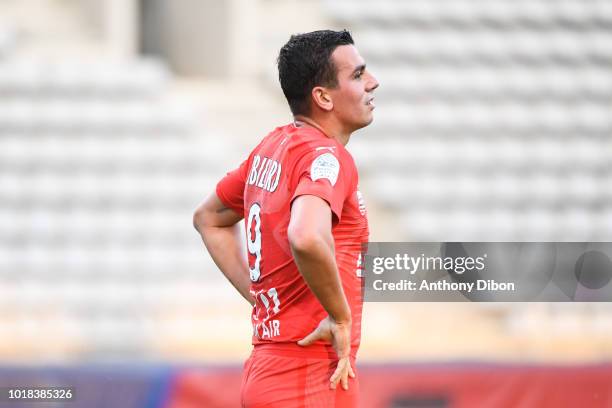 Antoine Rabillard of Beziers looks dejected during the French Ligue 2 match between Paris FC and Beziers at Stade Charlety on August 17, 2018 in...