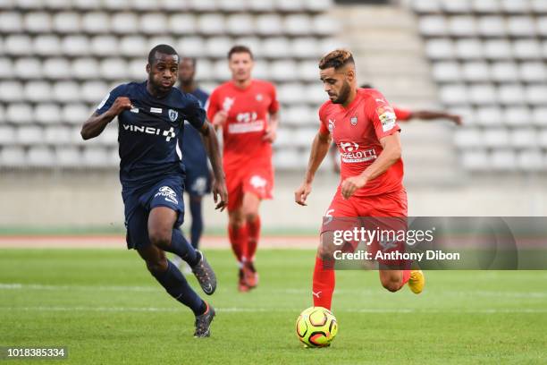 Cyril Mandouki of PFC and Rayane Aabid of Beziers during the French Ligue 2 match between Paris FC and Beziers at Stade Charlety on August 17, 2018...