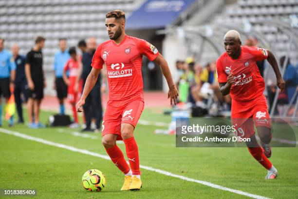 Rayane Aabid of Beziers and Ibrahima Savane during the French Ligue 2 match between Paris FC and Beziers at Stade Charlety on August 17, 2018 in...