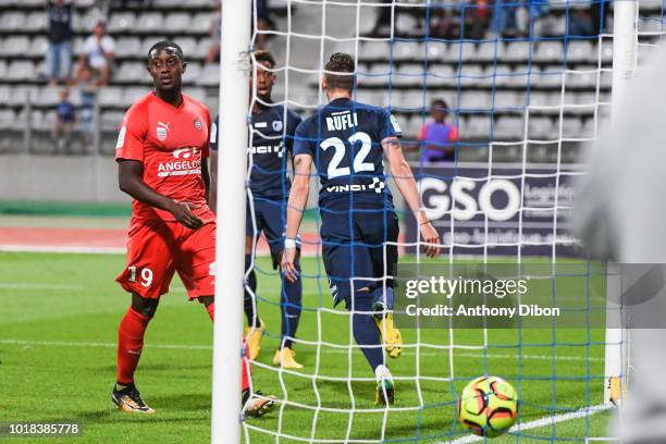 Vincent Rufli of PFC celebrates his goal during the French Ligue 2 match between Paris FC and Beziers at Stade Charlety on August 17, 2018 in Paris,...