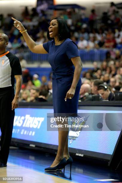 Coach Taj McWilliams-Franklin of the Dallas Wings makes a signal during the game against the Las Vegas Aces on August 17, 2018 at College Park Center...