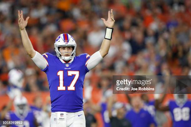 Josh Allen of the Buffalo Bills reacts in the second quarter of a preseason game against the Cleveland Browns at FirstEnergy Stadium on August 17,...