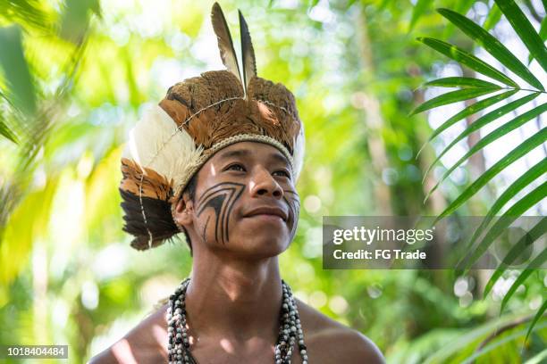 indigenous brazilian young man portrait from guarani ethnicity - indios imagens e fotografias de stock