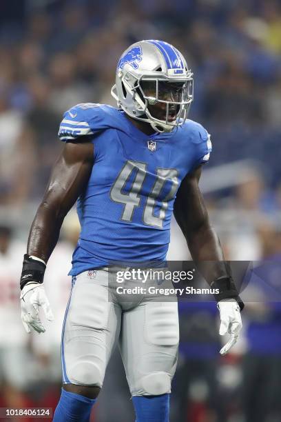 Jarrad Davis of the Detroit Lions prepares for a play while playing the New York Giants during a pre season game at Ford Field on August 17, 2017 in...