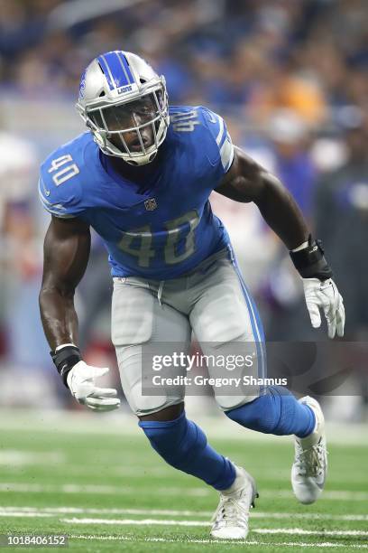 Jarrad Davis of the Detroit Lions eyes the ball during a first half play while playing the New York Giants during a pre season game at Ford Field on...