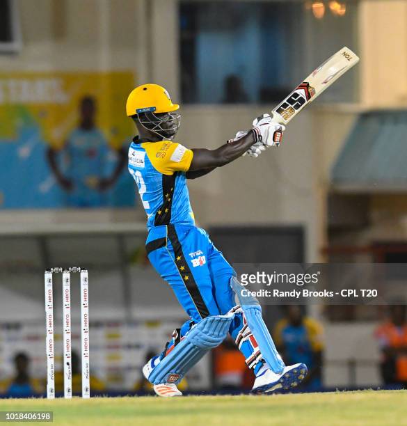 In this handout image provided by CPL T20, Andre Fletcher of St Lucia Stars hits 6 during match 10 of the Hero Caribbean Premier League between St...
