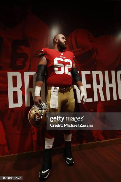 Erik Magnuson of the San Francisco 49ers stands in the locker room prior to the game against the Dallas Cowboys at Levi Stadium on August 9, 2018 in...