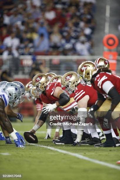 Erik Magnuson of the San Francisco 49ers waits to snap the ball during the game against the Dallas Cowboys at Levi Stadium on August 9, 2018 in Santa...