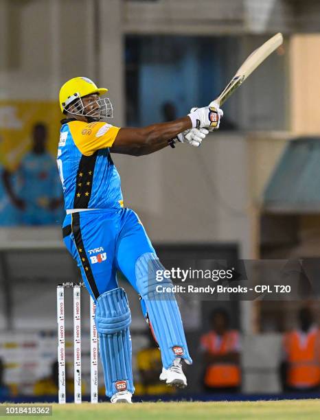 In this handout image provided by CPL T20, Kieron Pollard of St Lucia Stars hits 6 during match 10 of the Hero Caribbean Premier League between St...