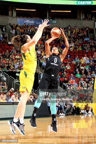 Marissa Coleman of the New York Liberty shoots the ball during the game against the Seattle Storm on August 17, 2018 at Key Arena in Seattle,...