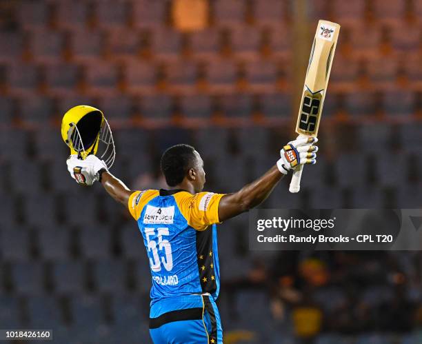 In this handout image provided by CPL T20, Kieron Pollard of St Lucia Stars celebrates his century during match 10 of the Hero Caribbean Premier...