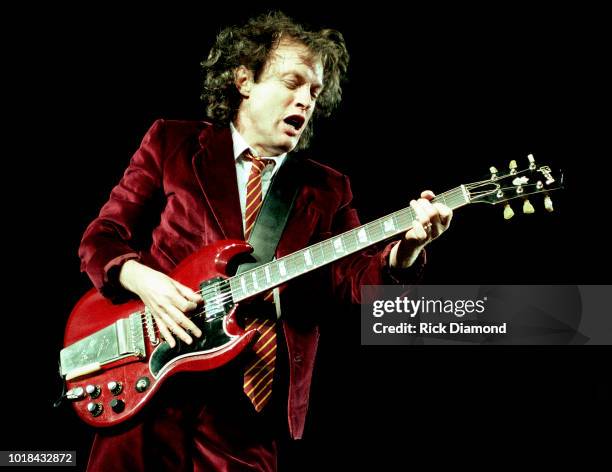 Angus Young of AC/DC performs at The ONMI Coliseum on August 17, 2000 in Atlanta, Georgia.