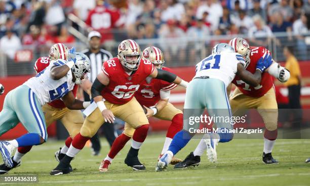 Erik Magnuson of the San Francisco 49ers blocks during the game against the Dallas Cowboys at Levi Stadium on August 9, 2018 in Santa Clara,...