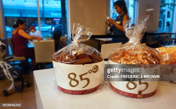 Cakes on display and for sale at Taiwan bakery chain 85 Degrees Celsius in the Los Angeles County city of Alhambra, California on August 17, 2018. -...