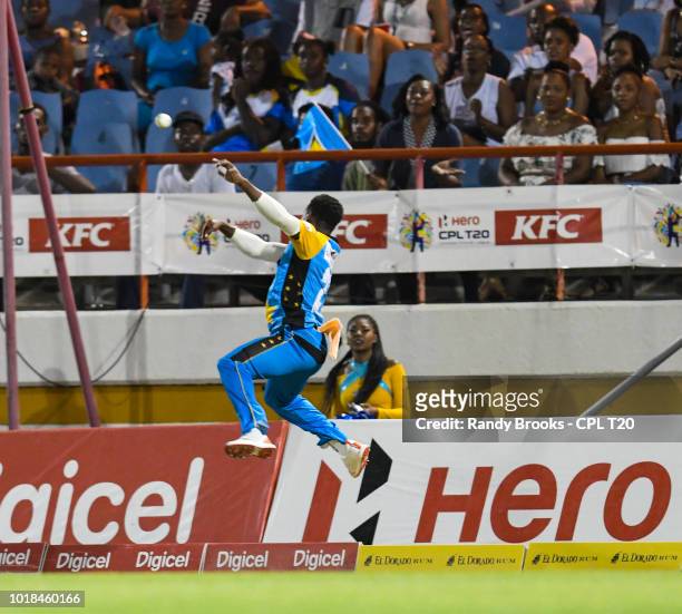 In this handout image provided by CPL T20, Kavem Hodge of St Lucia Stars stops the ball going for 6 runs during match 10 of the Hero Caribbean...