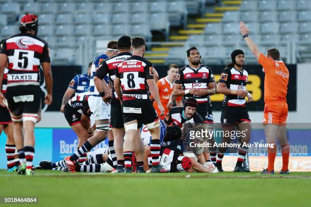 Blake Gibson of Auckland scores a try during the round one Mitre 10 Cup match between Auckland and Counties Manukau at Eden Park on August 18, 2018...