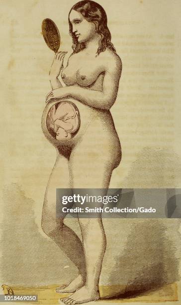 Color illustration depicting a heavily pregnant woman standing, in full-length, three quarter profile view, with a cutaway to reveal the position of...