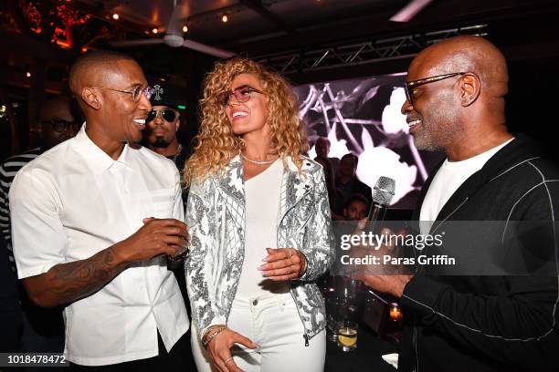 Raphael Saadiq, Bonfyre, and L.A. Reid attend "The Bonfyre" Listening Session & Dinner presented by Hitco at King + Duke Restaurant on August 17,...