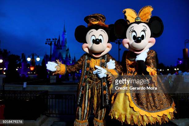 Mickey and Minnie pose with Halloween costumes during Mickey's Not-So-Scary Halloween Party at Magic Kingdom on August 17, 2018 in Lake Buena Vista,...