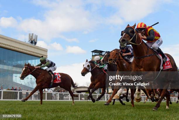 Dwayne Dunn riding Showtime winning Race 7, Sir Monash P.B.Lawrence Stakes during P.B.Lawrence Stakes Day at Caulfield on August 18, 2018 in...