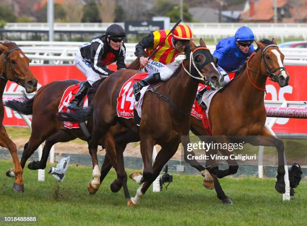 Dwayne Dunn riding Showtime defeats Craig Williams riding Hartnell in Race 7, Sir John Monash P.B.Lawrence Stakes during P.B.Lawrence Stakes Day at...