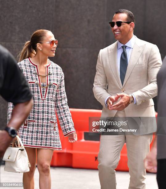 Jennifer Lopez and Alex Rodriguez seen on the streets of Midtown Manhattan on August 17, 2018 in New York City.