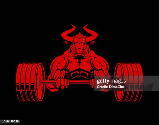 stockillustraties, clipart, cartoons en iconen met woeste stier-powerlifter met barbell. gespierde buffalo mascotte. - machos